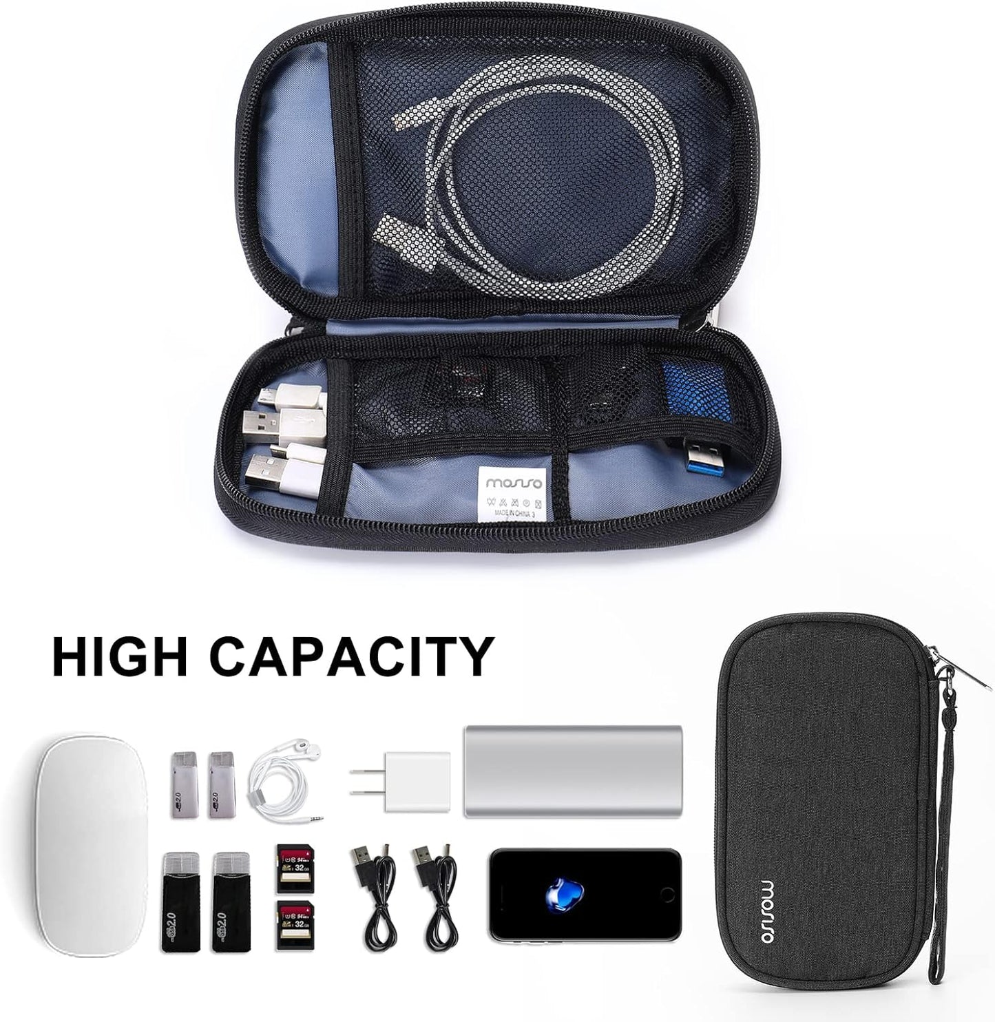 MOSISO Electronic Organizer Cable Case, Portable External Carrying Case Storage Bag with Handle Compatible with MacBook Power Adapter, Wireless Mouse, Cables, Earphones, USB Flash Disk SD Card, Black
