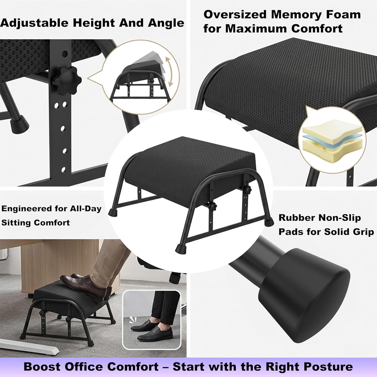 Under Desk Footrest with Memory Foam,Adjustable 10-Level Ergonomic Foot Rest for Office & Gaming Desk for Leg Rest,Reinforced Metal Frame,Non-Slip Base Extra Large（Black No Baseplate