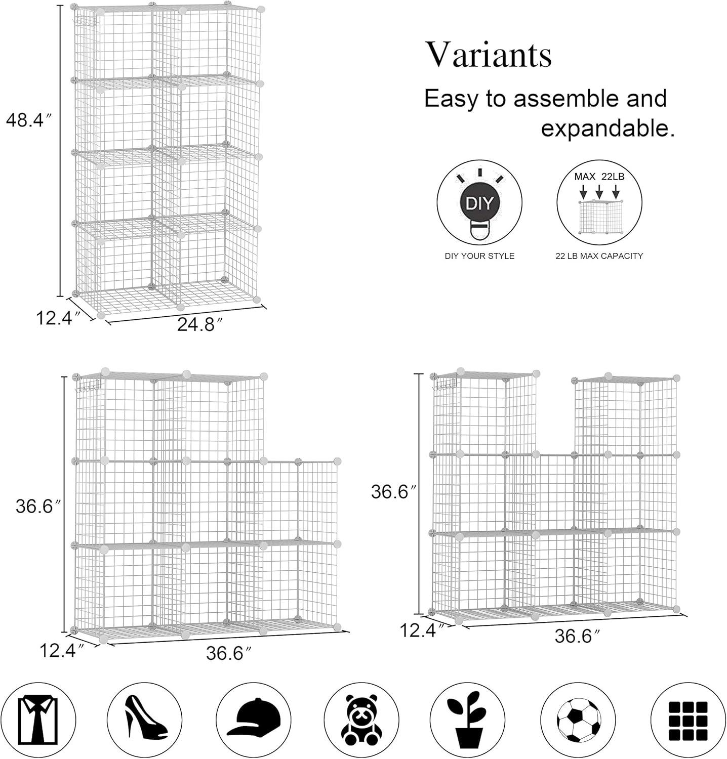 C&AHOME Wire Cube Storage, 6 - Cube Organizer Metal C Grids, Modular Shelves Units, Storage Bins Shelving, Closet Organizer, Ideal for Home, Office, Living Room, 36.6”L x 12.4”W x 36.6”H Black