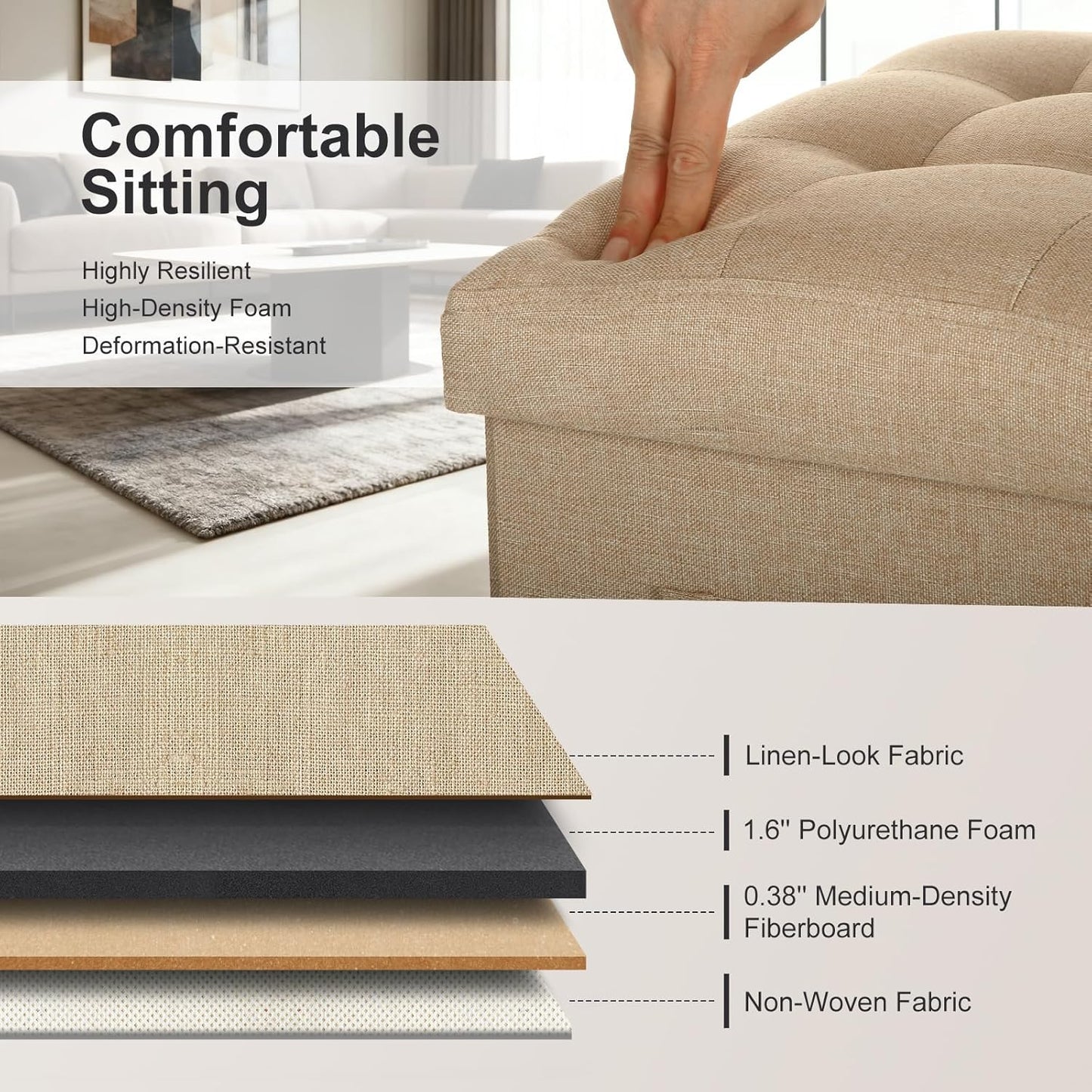 Storage Ottoman with Extra Thick Foam Padded Seat, Foldable Foot Rest Stool with Linen Fabric, 43L Ottoman with Storage Bench for Bedroom Living Room, Holds Up to 300lbs, 17x13x13in, Dark Gray