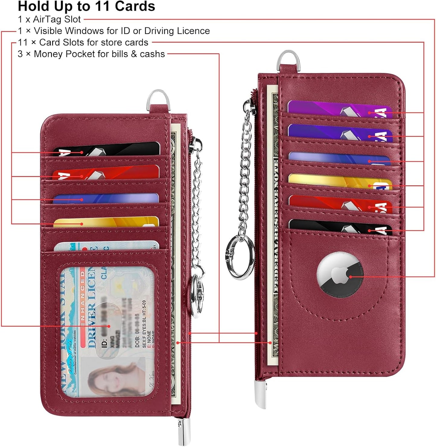 RFID Blocking Slim Credit Card Holder Wallet with Zipper Money Pocket & Keychain, Slim Airtag Wallet for Men Women
