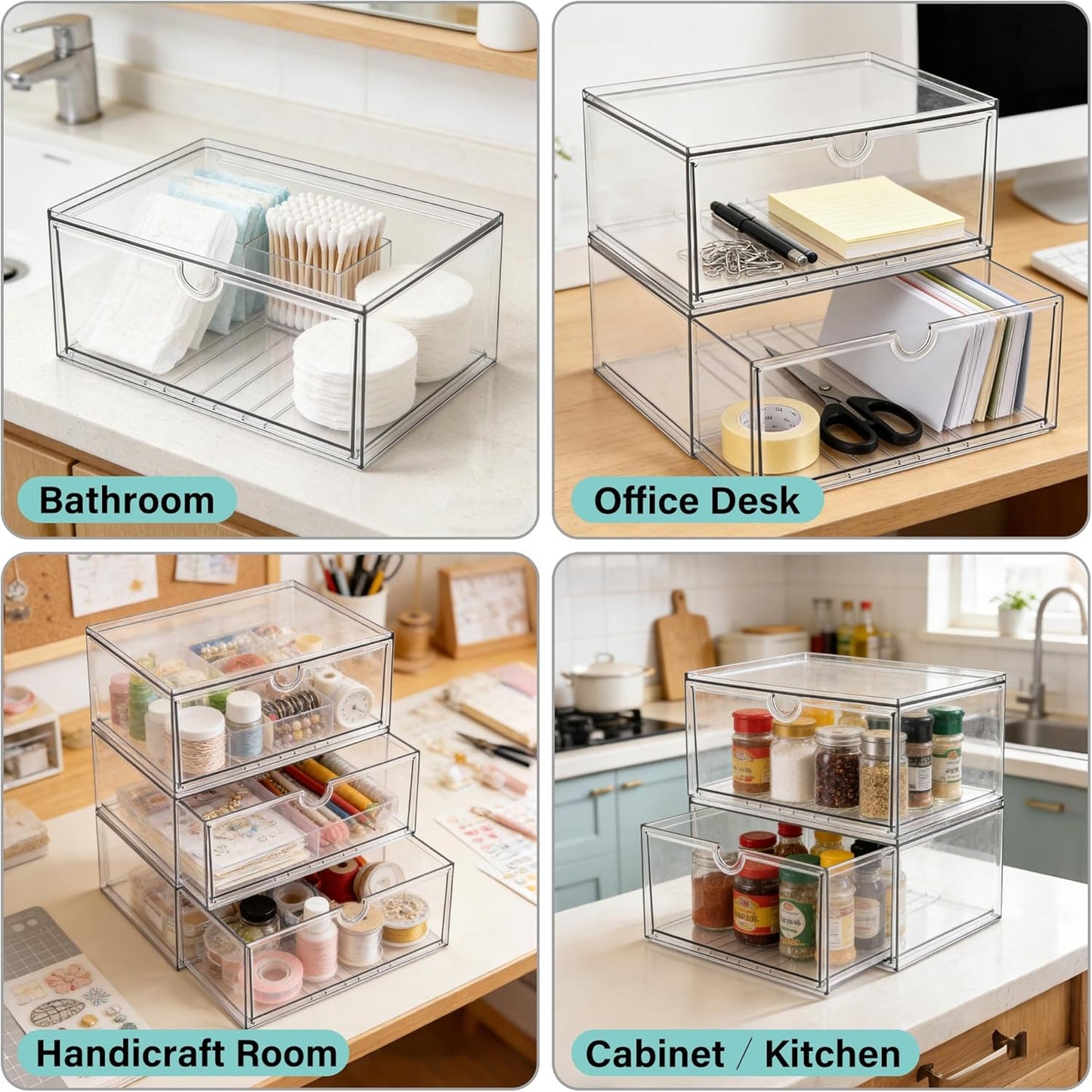 Prsildan Acrylic Drawer Makeup Organizer with 6 Drawers (Not for Baby Bottle), Set of 2 Office Desk Organizers Accessories, Clear Stackable Storage Drawers for Vanity, Craft (Largest Drawer 4" Tall)