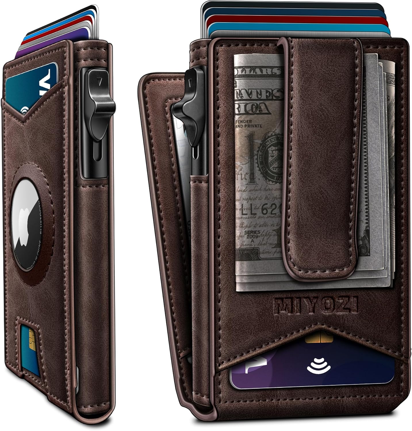 miyozi Airtag Wallet for Men Money Clip 9-Card Pop-Up Credit Card Holder with ID Window RFID Blocking Metal Case Magnetic Closure Front Pocket Wallet Gift Box | with Money Clip