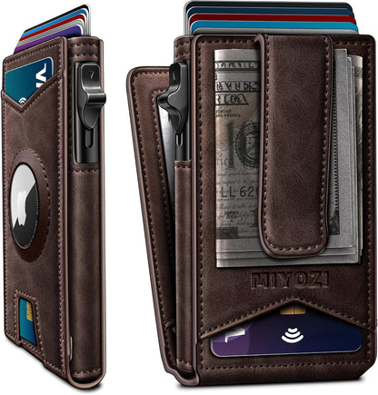 miyozi Airtag Wallet for Men Money Clip 9-Card Pop-Up Credit Card Holder with ID Window RFID Blocking Metal Case Magnetic Closure Front Pocket Wallet Gift Box | with Money Clip