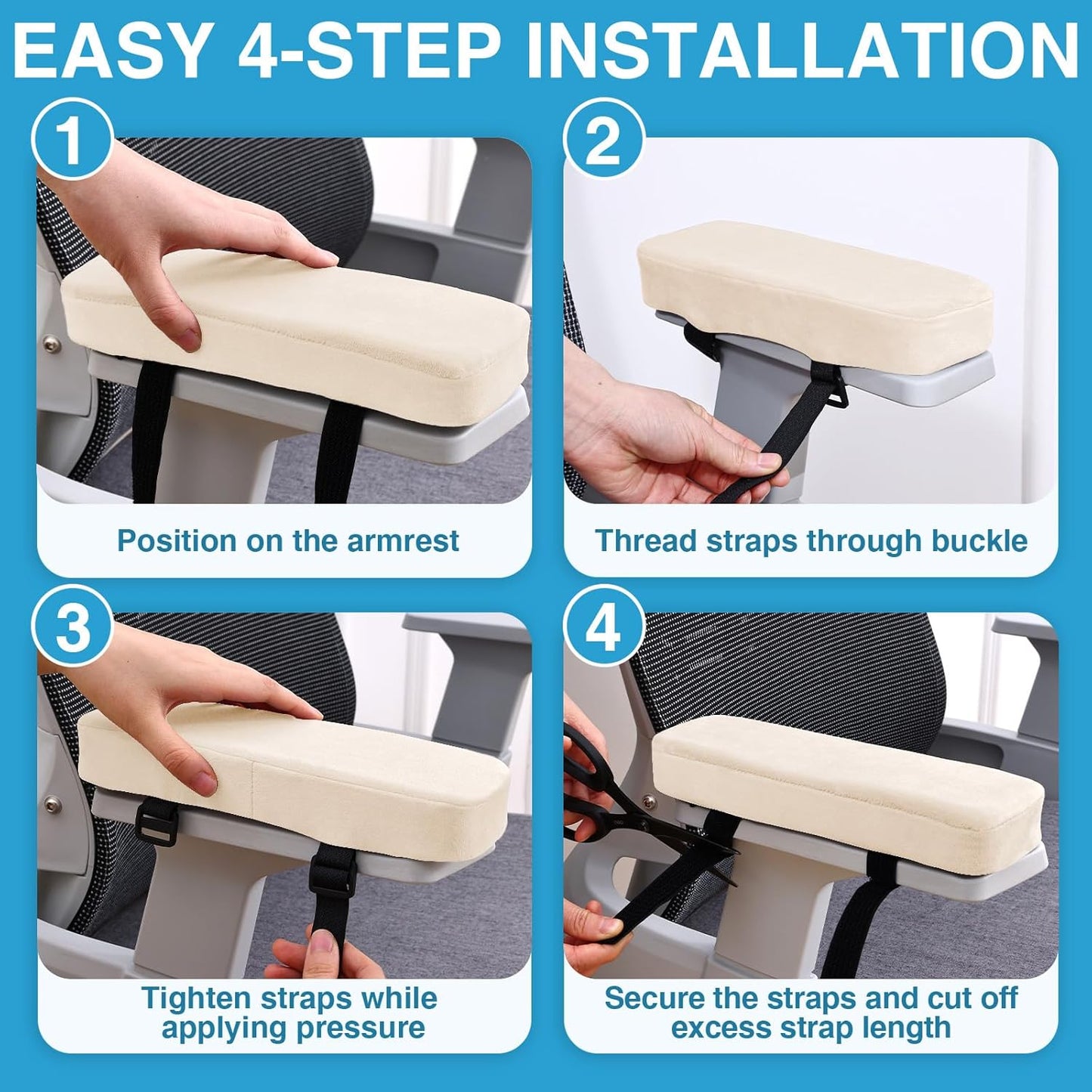 Smiry Ergonomic Office Chair Armrest Pads, Memory Foam Arm Rest Covers, Non-Slip Armrest Cushion with Adjustable Buckles and Straps, Elbow Relief for Desk, Gaming & Wheelchair (Black, Set of 2)