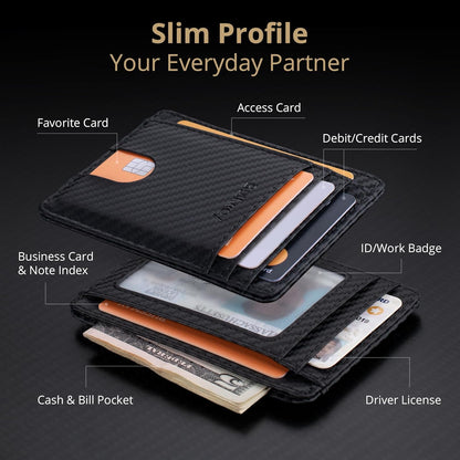 Buffway Slim Minimalist Front Pocket RFID Blocking Leather Wallets for Men and Women - Carbon Fiber Black - Colors A