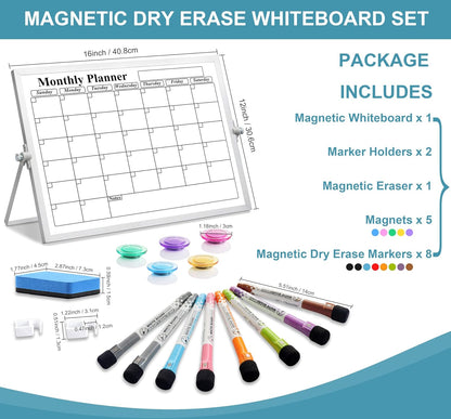 Magnetic Dry Erase White Board with Stand, 10" x 10" Double-Sided Desktop Whiteboard, Mini Portable Weekly Calendar Planner Board Set with 6 Markers, 4 Magnets, 1 Marker Holder & 1 Eraser