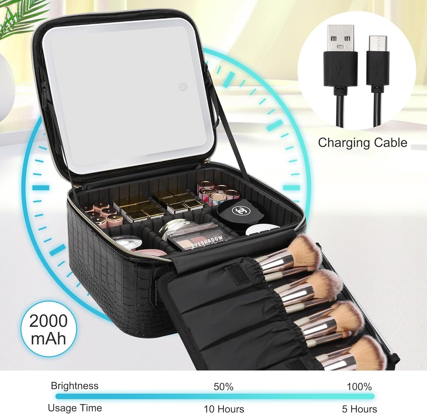 Relavel Travel Makeup Bag With LED Mirror, Cosmetic Train Case with Light up Mirror, Portable Makeup Artist Organizer Bag with Adjustable Dividers, Makeup Brush Holder Storage, Black