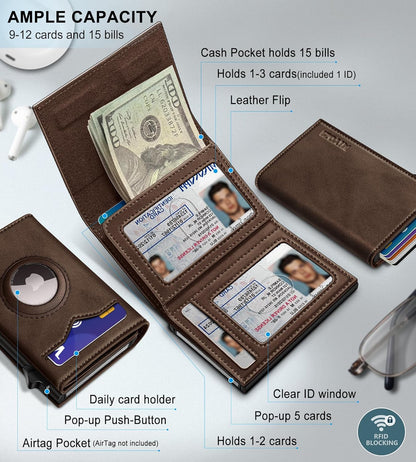 miyozi Airtag Wallet for Men,with Cash Pocket 2 ID Window 9-12 Cards,Metal Case Smart Slim Pop Up Credit Card Holder Flip with Magnetic Closure RFID Blocking Trifold wallet with Gift Box