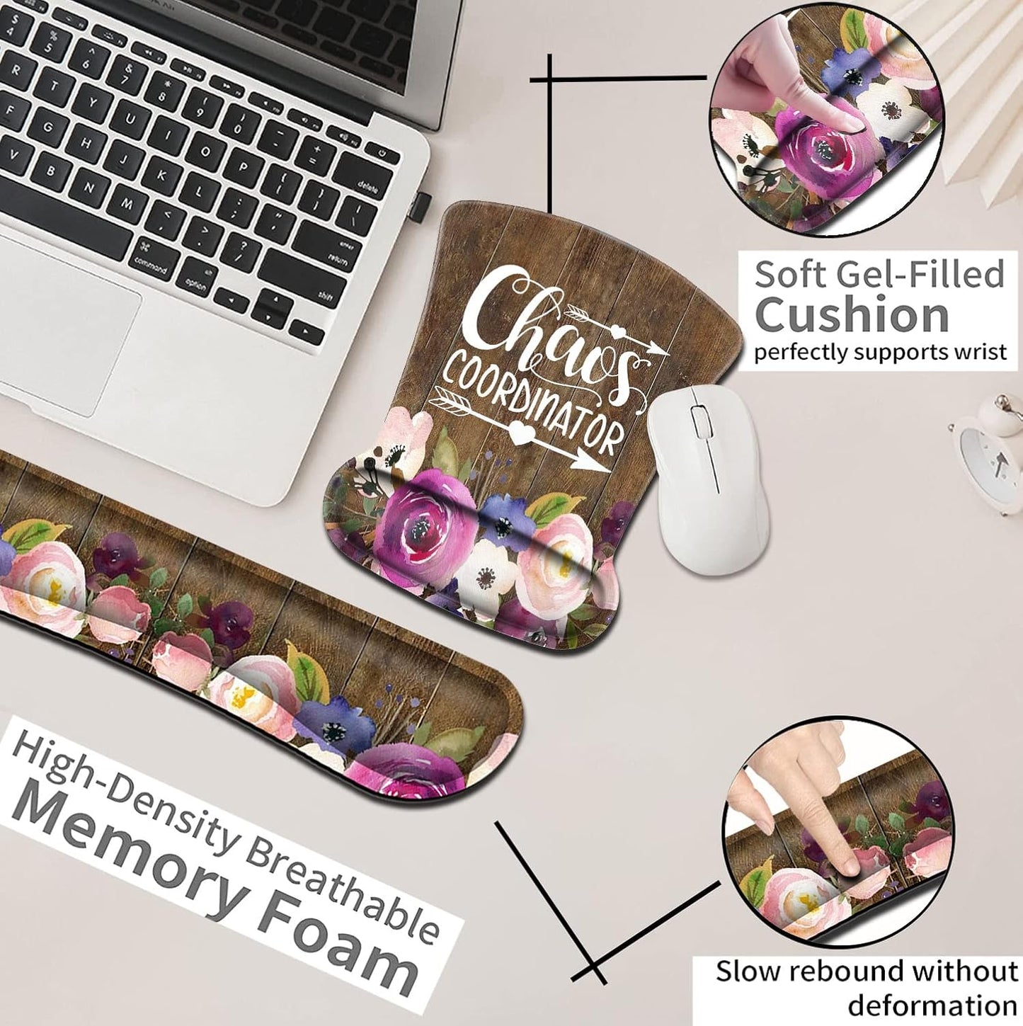 Mouse Pad with Wrist Support, Ergonomic Gel Mouse Pad Beautiful Flowers,Non-Slip Durable, Memory Foam Keyboard Wrist Rest, Suitable for Office Typing Games, Pink Hyacinths on Wood Panel