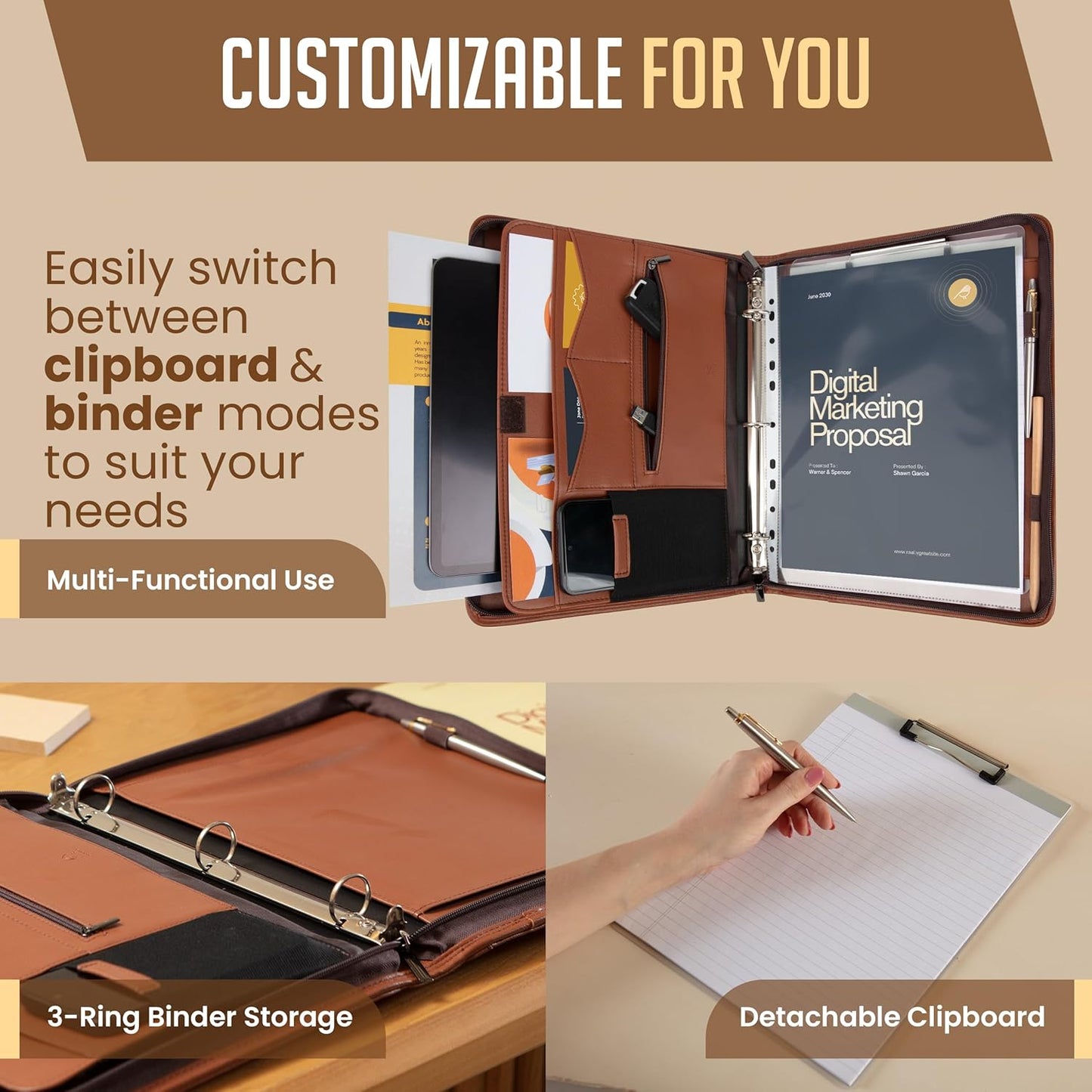 STYLIO Zipper Padfolio Portfolio Binder Organizer | Faux Leather Portfolio for Resume, Documents, Phone, Tablet, Business Supplies and Cards | Notebook Organizer with Letter Sized Notepad Included