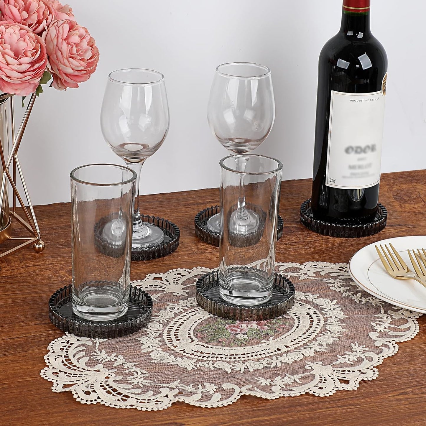 Modern Clear Coasters Set of 5- Glass Cute Coasters for Drinks Crystal Coaster Round Chic Cup Mat Cute Coffee Table Coaster for Kitchen, Bar, Dining Room, Living Room, Patio(Amber)
