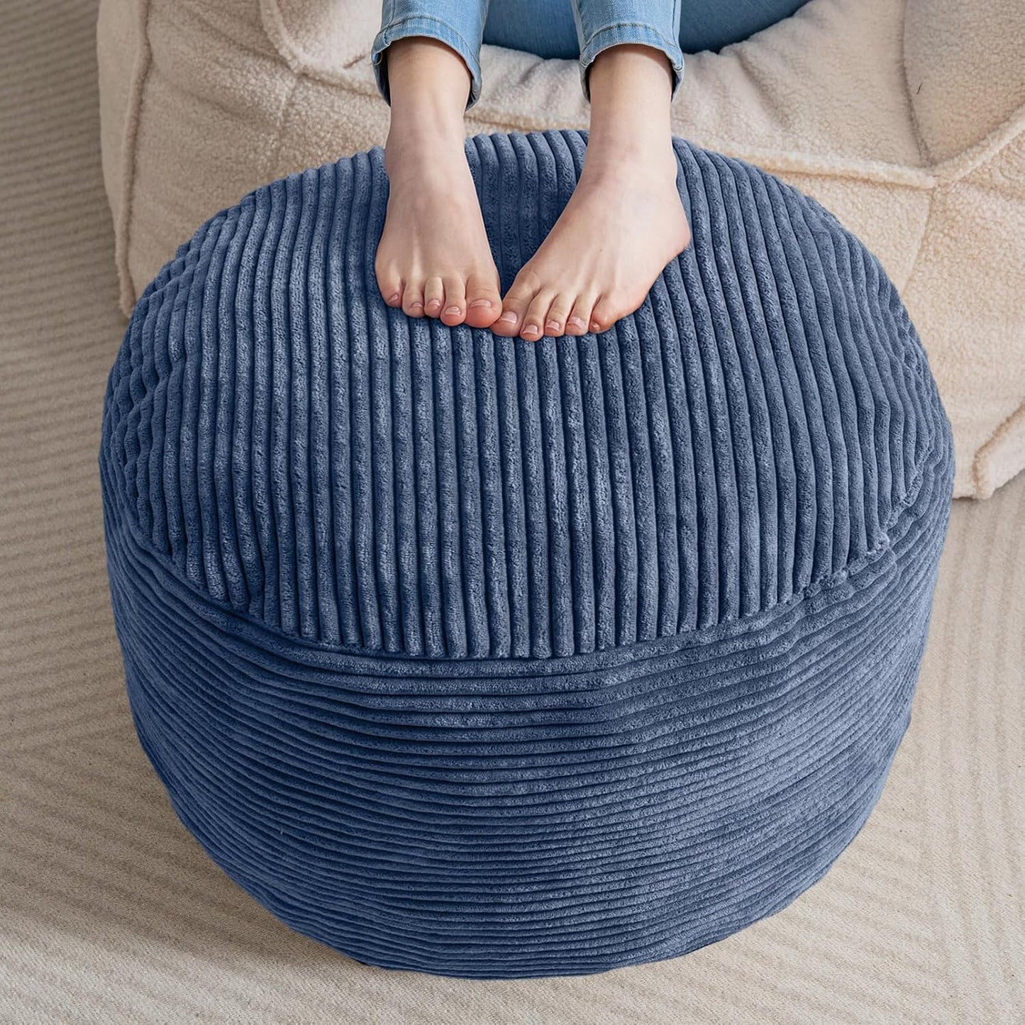 HIGOGOGO Round Stuffed Pouf Ottoman, Corduroy Poufs with Foam Chunk Filling, Furry and Fluffy Pouf Foot Stool Storage Ottoman, 20 X 15 Floor Poufs Foot Rest for Living Room, Dark Grey