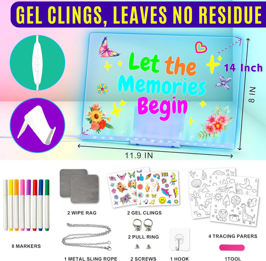 LED Drawing Board, 13.8"X10", Acrylic Note Board with Colors, Include Adapter, Acrylic Dry Erase Pad with Light 4 Modes & 7 Colors, 8 Markers, Stand, Hanging Chain, 2 Gel Clings, Holiday Gift
