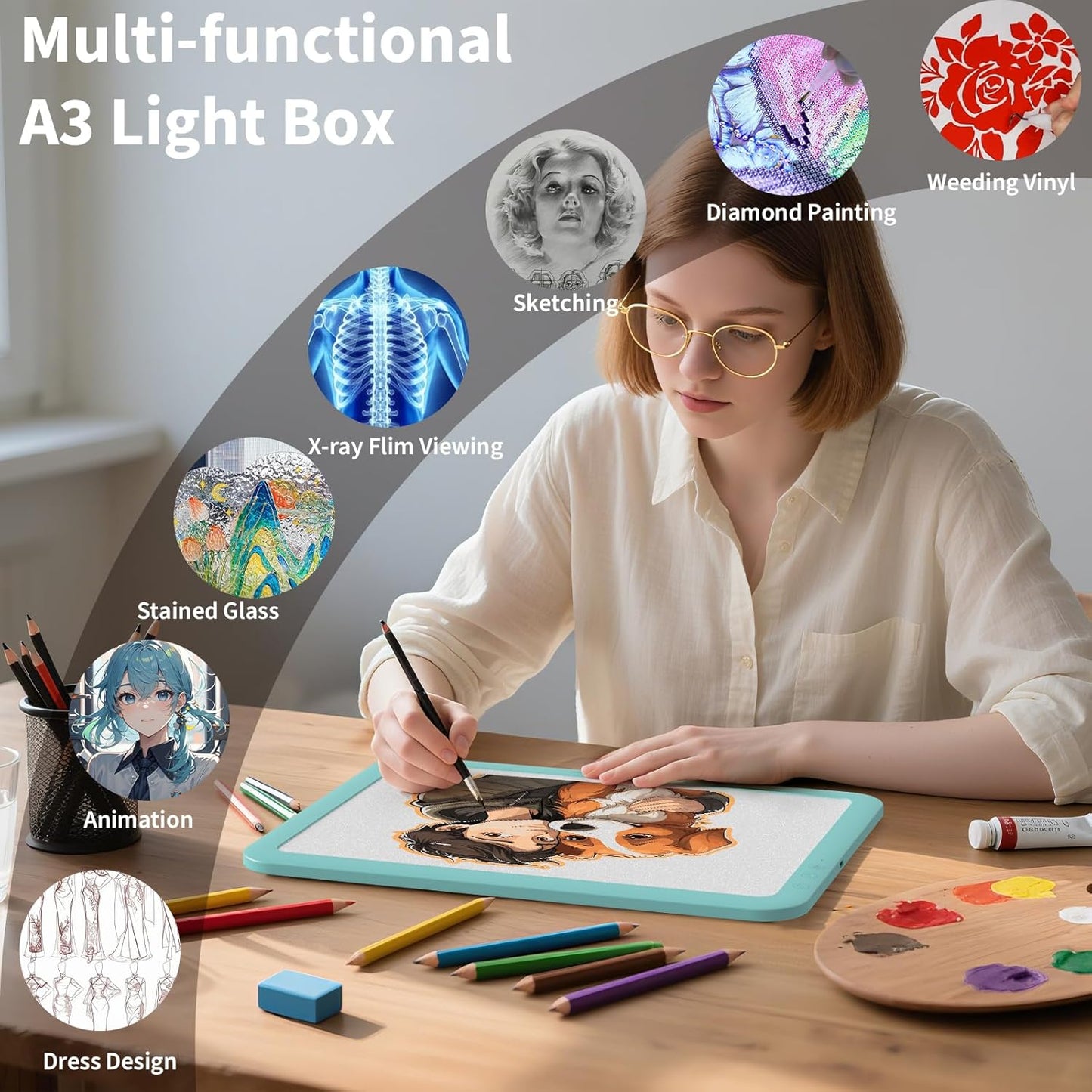 PICOVISTA Rechargeable A3 Diamond Art Light Board,Super Bright Tracing Light Box,6 Levels Brightness with 3 Colors Mode, Wireless LED Pad for Diamond Painting,Weeding Vinyl,Sketching & Drawing