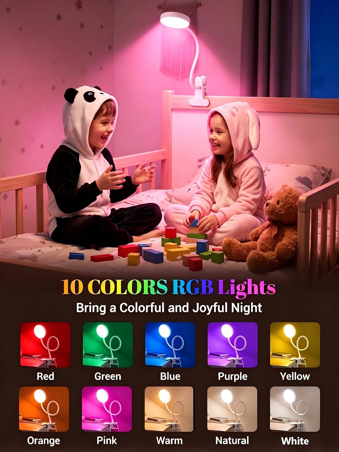 Clip on Light,10 RGB Colors+10 Brightness Clip on Desk Lamp with Clamp, 500 Lumen Bright 72 LED Desk Light, USB Adapter Reading Lights for Books in Bed/Headboard/Bedside Table/Bedroom/Dorm/Home Office