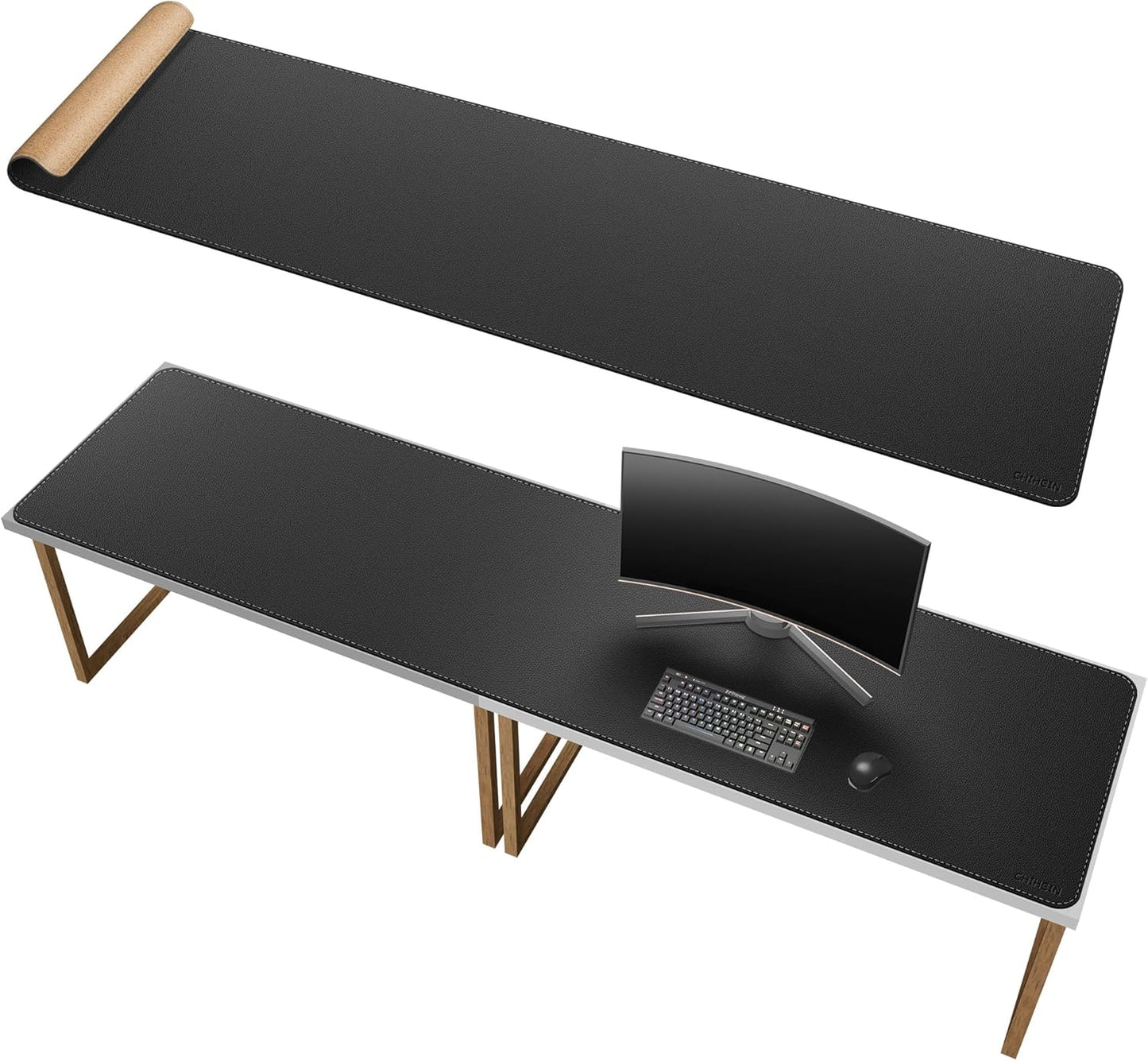 Chihein 2XL 35" x 16" Cork & PU Leather Desk Mat, Dual Sided Desk Pad Protector, Waterproof Writing Blotter for Gaming, Office, Home (Black)