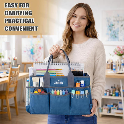 JJRING Large Art Supply Storage Tote Bag With 2 Mesh Side Pockets & Front Elastic Pockets – Sturdy Craft Organizer Caddy with Reinforced Bottom For Sewing, Scrapbooking, Teachers & Artists(Green) | Breathable Material