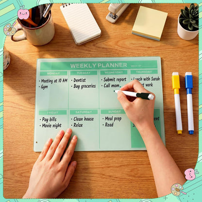 Desktop Acrylic Weekly Planner Board Acrylic Calendar Dry Erase Board with Stand to Do List Planner Boards with Daily Schedule and Markers for Family Home Office(Sage Green)