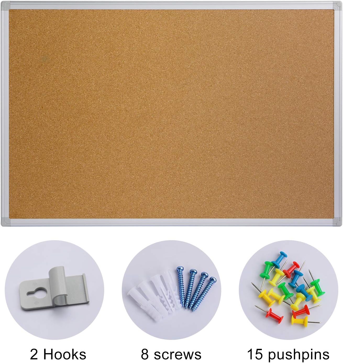Bulletin Board 36 x 48, Silver Aluminium Framed 4x3 Large Wall Mounted Cork Office Notice Pin Board