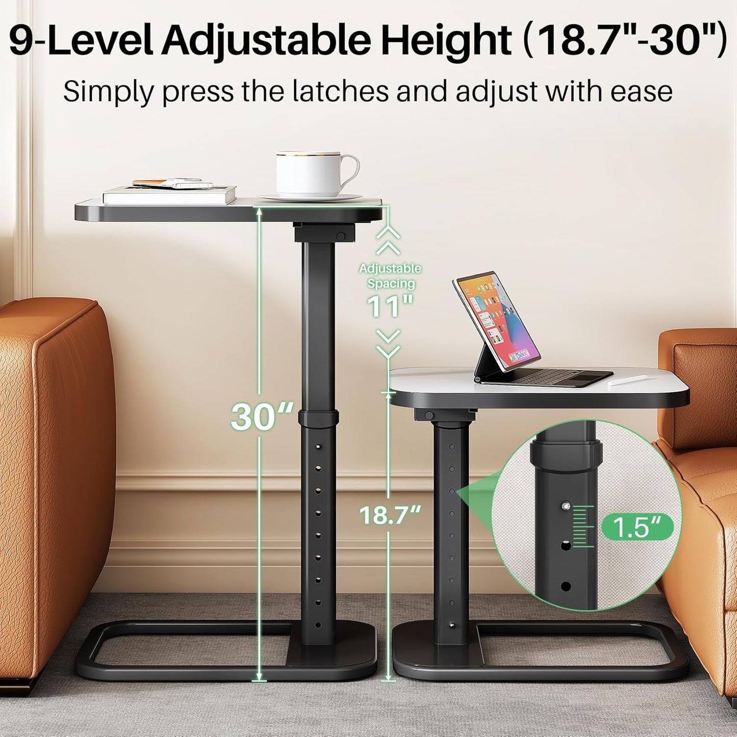 Kitstorack TV Tray Table, Adjustable Height & Flip-Top & Rounded Metal Corners, Snack Table for Couch, Sofa, Bed, Chair, Living Room, C Shaped End Side Table for Eating, Dinner or Laptop, Small Spaces