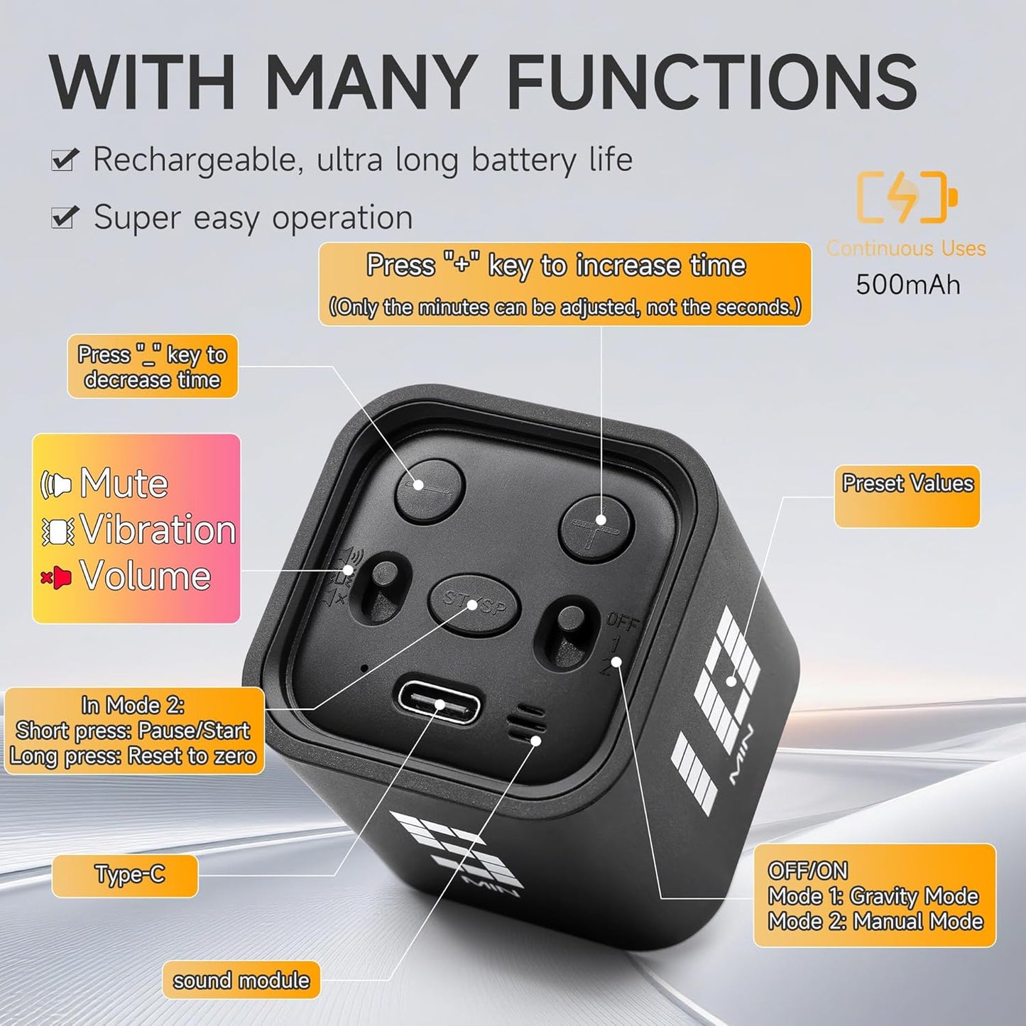 Rotating Productivity Timer 5, 25, 10, 50 Minutes Preset, Desk Cube w/Gravity Sensor for ADHD, Mute Functions, Ideal for Work, Study, Kitchen, Back to School (1, Wood Grain Finish)