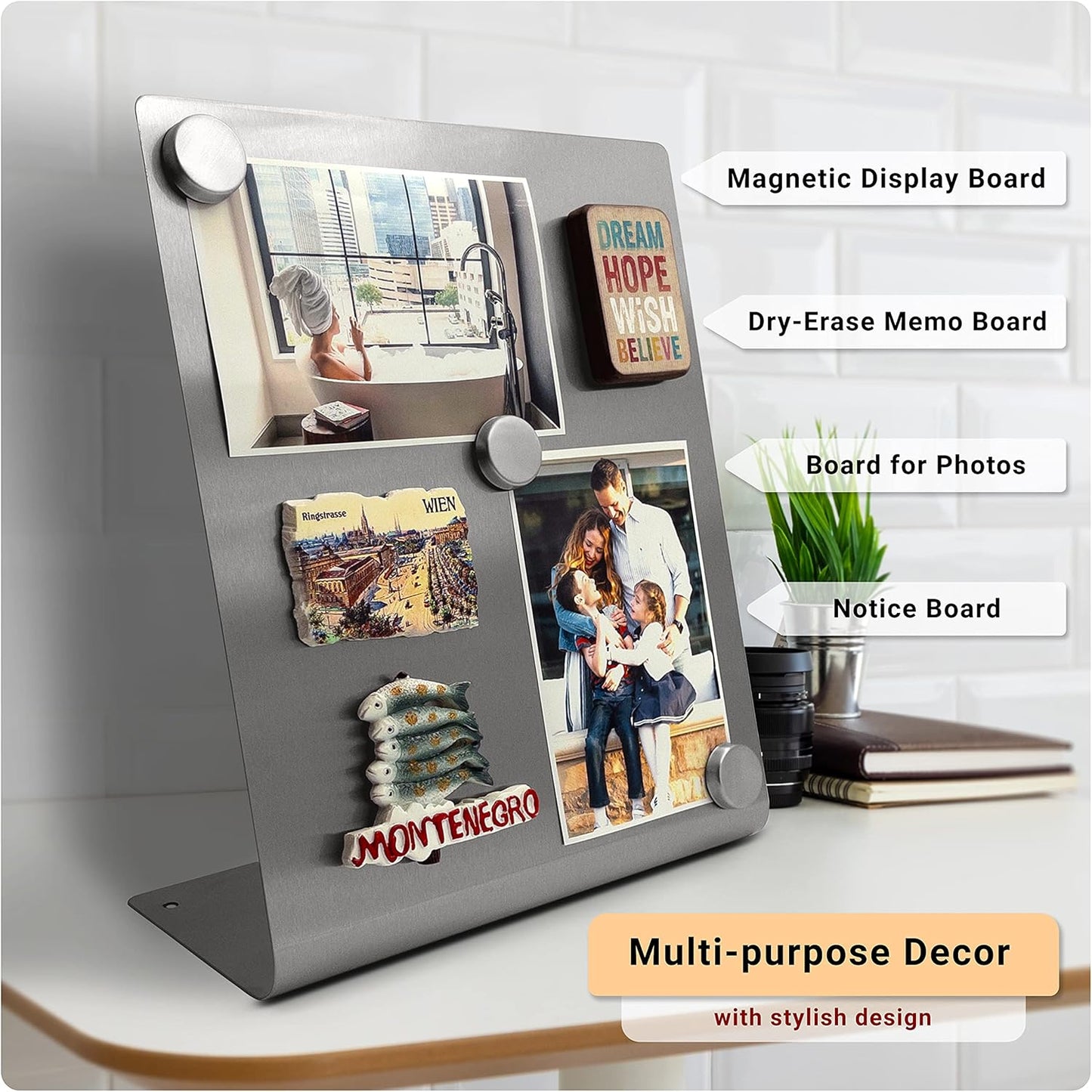 Large Magnetic Bulletin Board for Tabletops – Dry Erase Memo Board with Stand – Metal Easel for Magnet Display – 12x10 Inches + 4 Magnets