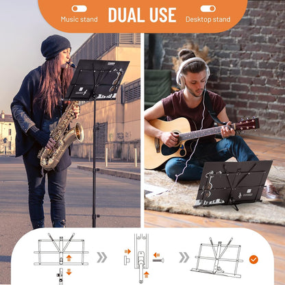 CAHAYA Portable Sheet Music Stand: Dual Use Desktop Book Holder Folding Lightweight Extra Stable Reinforced with Carrying Bag and Clip for Students Musicians Height Adjustable up to 54.3" CMS0204