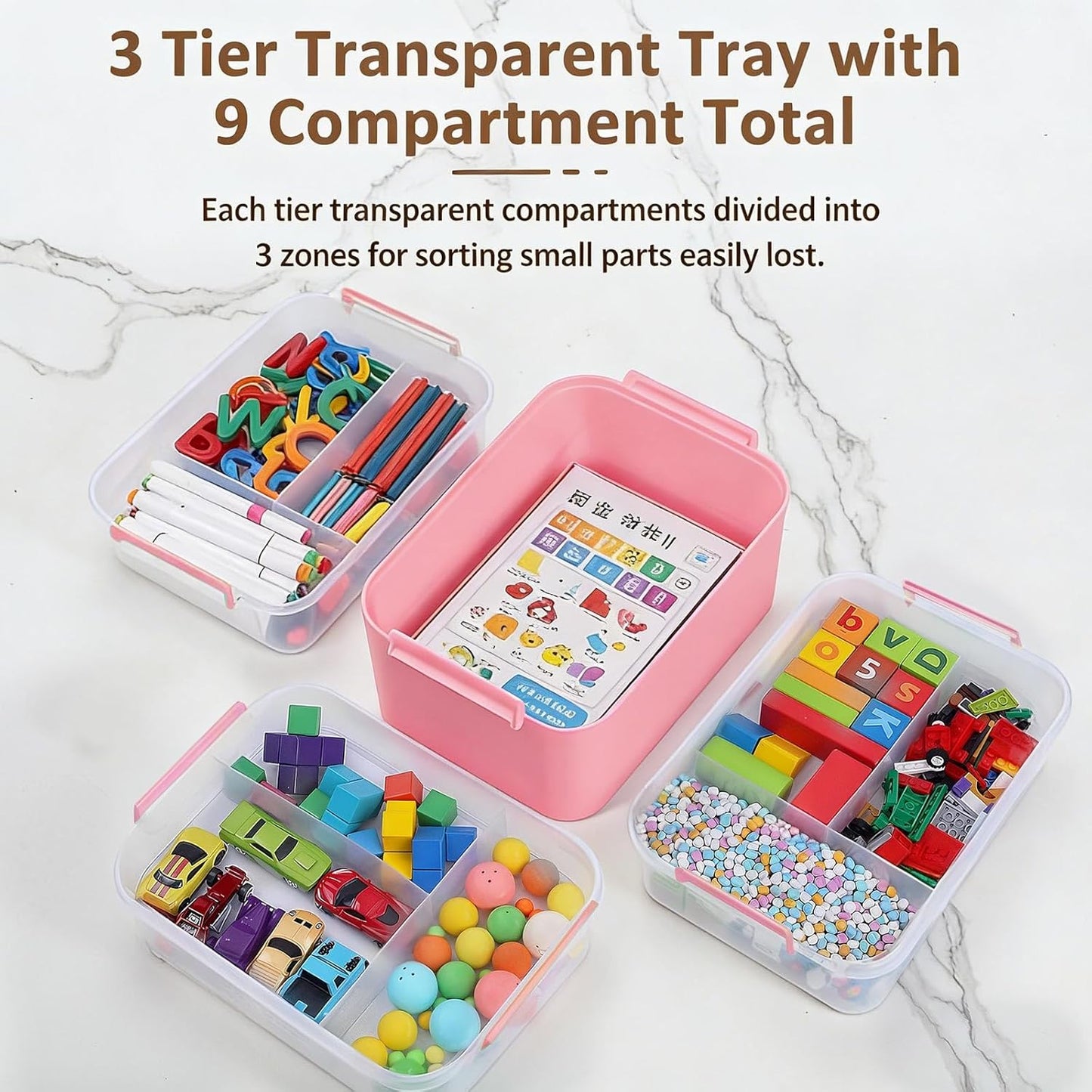 3-Layer Plastic Craft Organizers and Storage Box with Removable Trays, Storage Containers with lids and Handle, Art Supply Storage Organizer for Bead, Ornament, Nail Polish, Tape（10.62"x9"x7.67"）