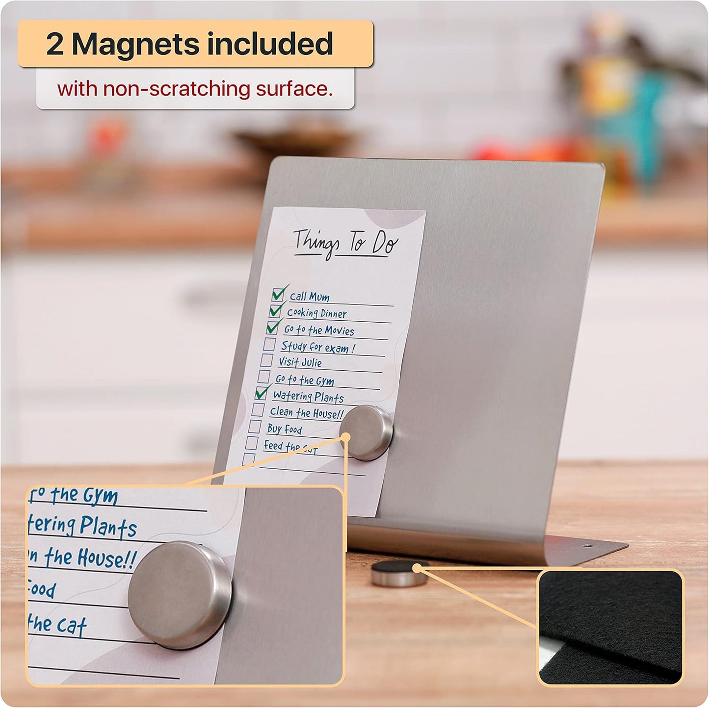 Magnetic Bulletin Board with Stand – Small Dry Erase Memo Board – Tabletop Metal Easel for Magnet Display – Mini Home Decor – 8x8 Inches + 2 Magnets