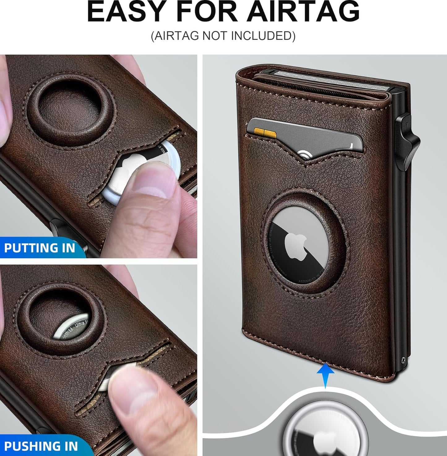 miyozi Airtag Wallet for Men,with Cash Pocket 2 ID Window 9-12 Cards,Metal Case Smart Slim Pop Up Credit Card Holder Flip with Magnetic Closure RFID Blocking Trifold wallet with Gift Box