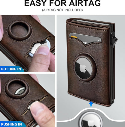 miyozi Airtag Wallet for Men,with Cash Pocket 2 ID Window 9-12 Cards,Metal Case Smart Slim Pop Up Credit Card Holder Flip with Magnetic Closure RFID Blocking Trifold wallet with Gift Box