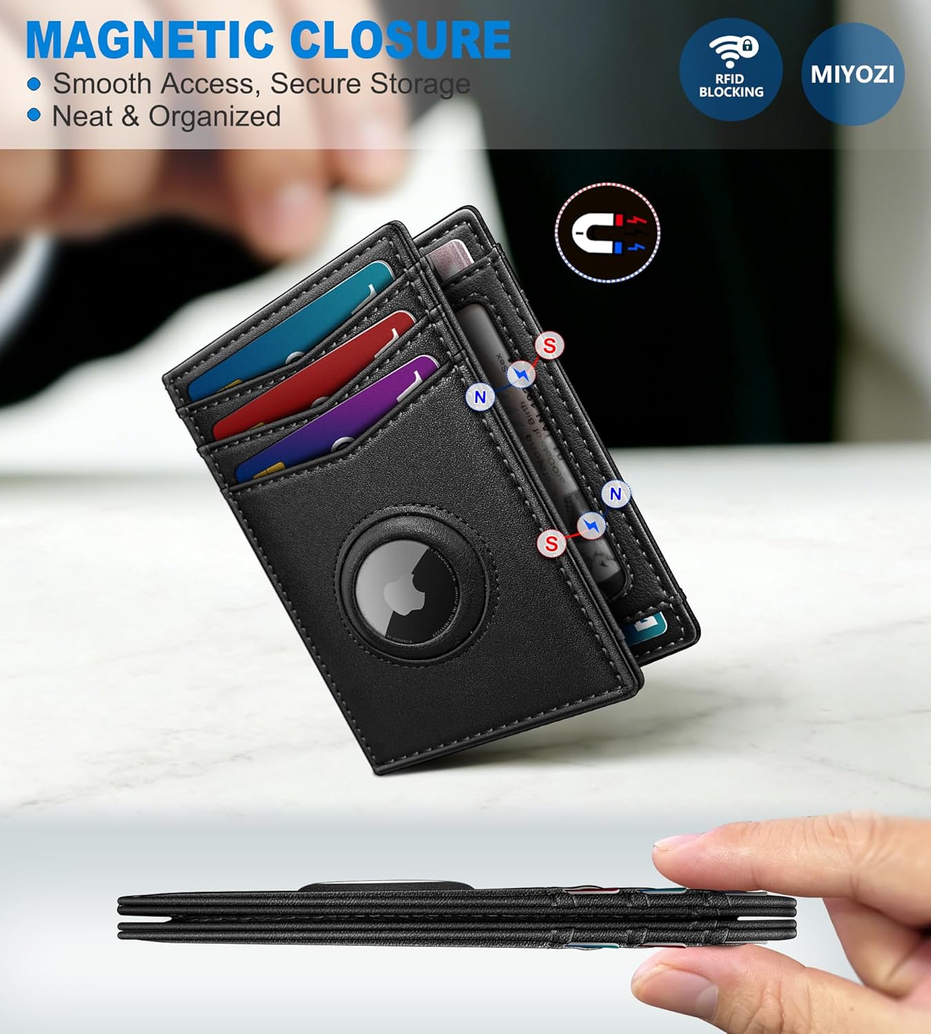 miyozi Airtag Slim Leather Wallet for Men - 12-Card Capacity, Magnetic Closure, Money Clip & Simplified Bill Compartment, RFID Blocking (4.3" x 3.0") | Gift Boxed