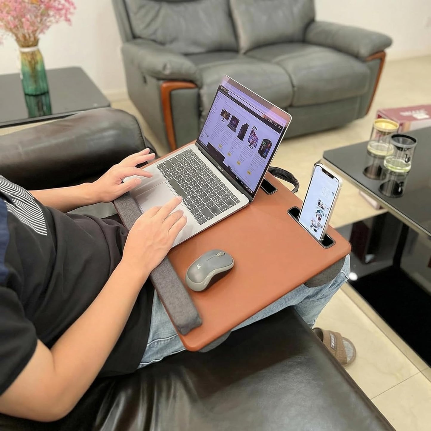 Lap Desk Home Office Lap Desk Portable Laptop Desk for Left Right - Handers with Whole Mouse Pad Wrist Pad Dual Cushion Phone Tablet Slots Fits Up to 17 Inch Laptops