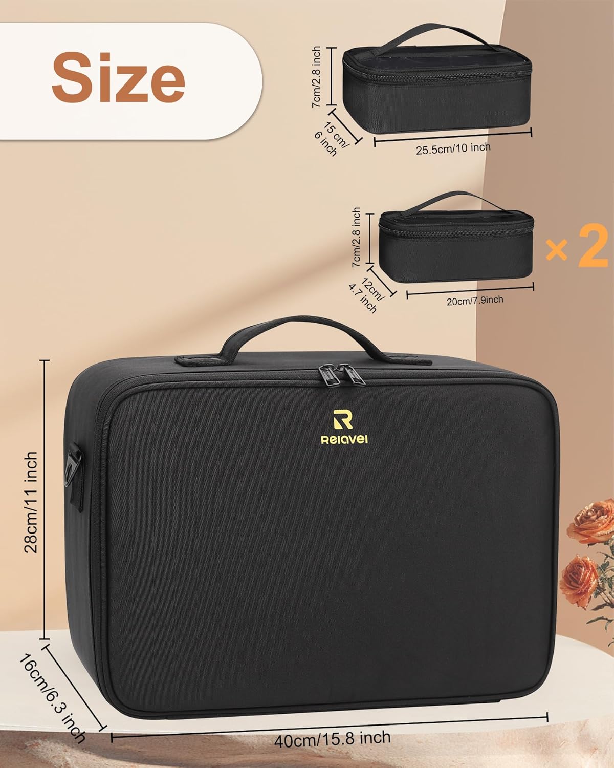 Relavel Makeup Case Large Makeup Bag Professional Train Case 16.5 inches Travel Cosmetic Organizer Brush Holder Waterproof Makeup Artist Storage Box, 3 Layer Large Capacity, with Adjustable Strap