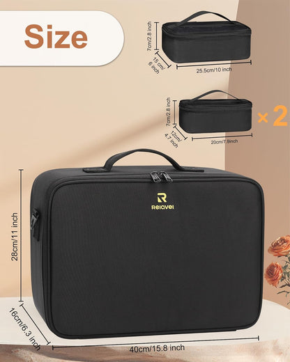 Relavel Makeup Case Large Makeup Bag Professional Train Case 16.5 inches Travel Cosmetic Organizer Brush Holder Waterproof Makeup Artist Storage Box, 3 Layer Large Capacity, with Adjustable Strap