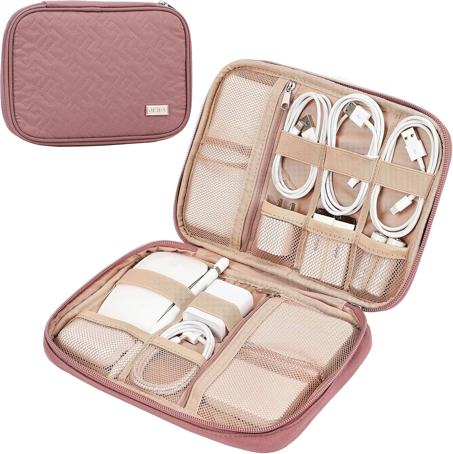 NISHEL Travel Cord Organizer Case, Tech Electronic Bag, Essentials for Charger, Cable, Phone, Hard Drive, USB, SD Card, Pink