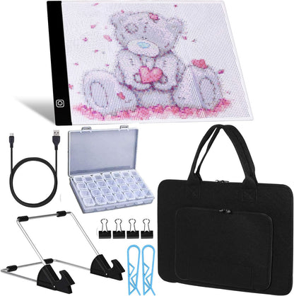A4 LED Light Pad for Diamond Paint Kits, Super Bright USB Powered Light Board Kit with Detachable Stand, and Black Pad Clip (Pad and Bag)