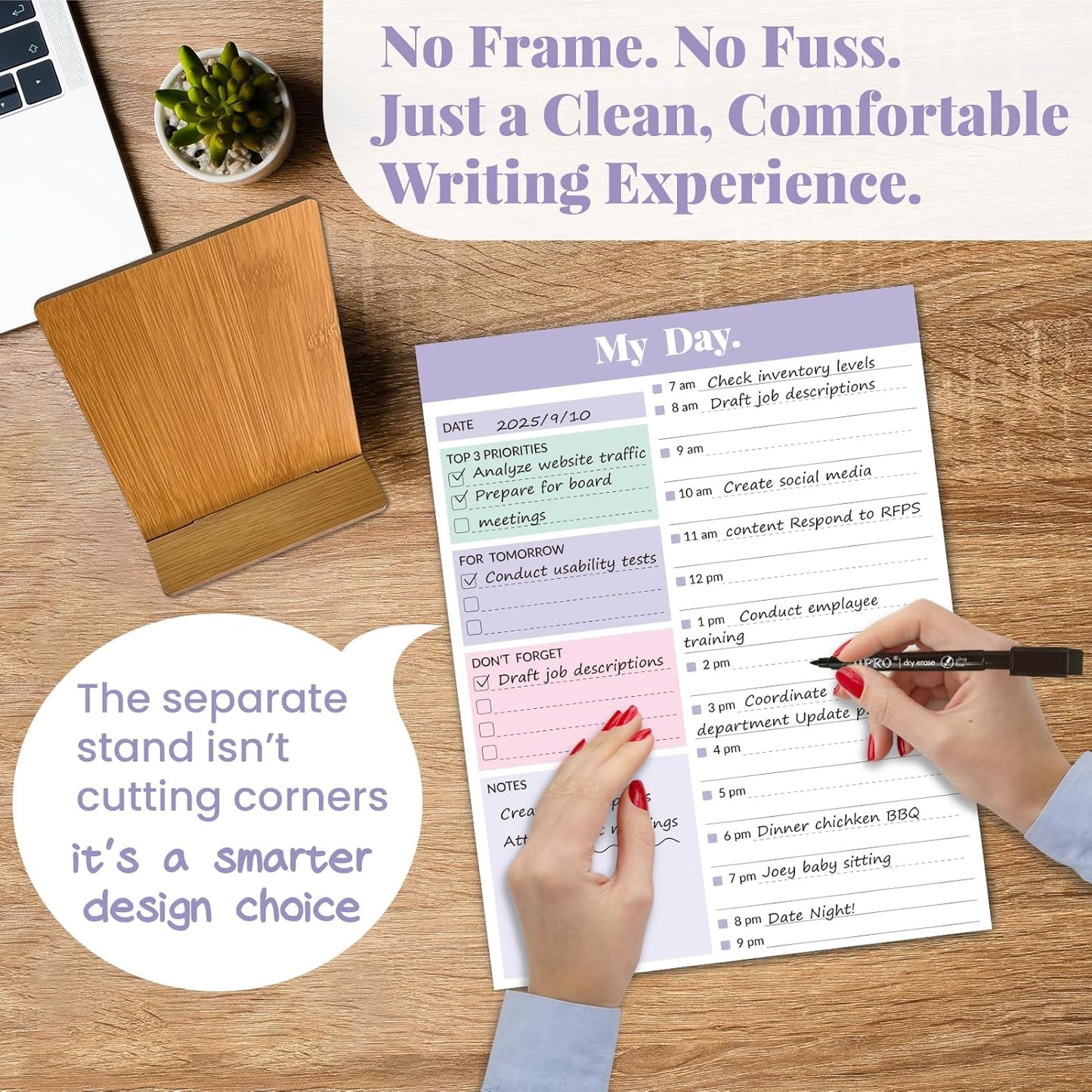JJPRO Reusable Desktop Daily Planner with Stand,Reusable Time Schedule Board,11"x8.5" Hourly Schedule Dry Erase Board with Time Slots,Desk Hourly Dry Erase Board w/Engineered Wood Stand-Sage Green