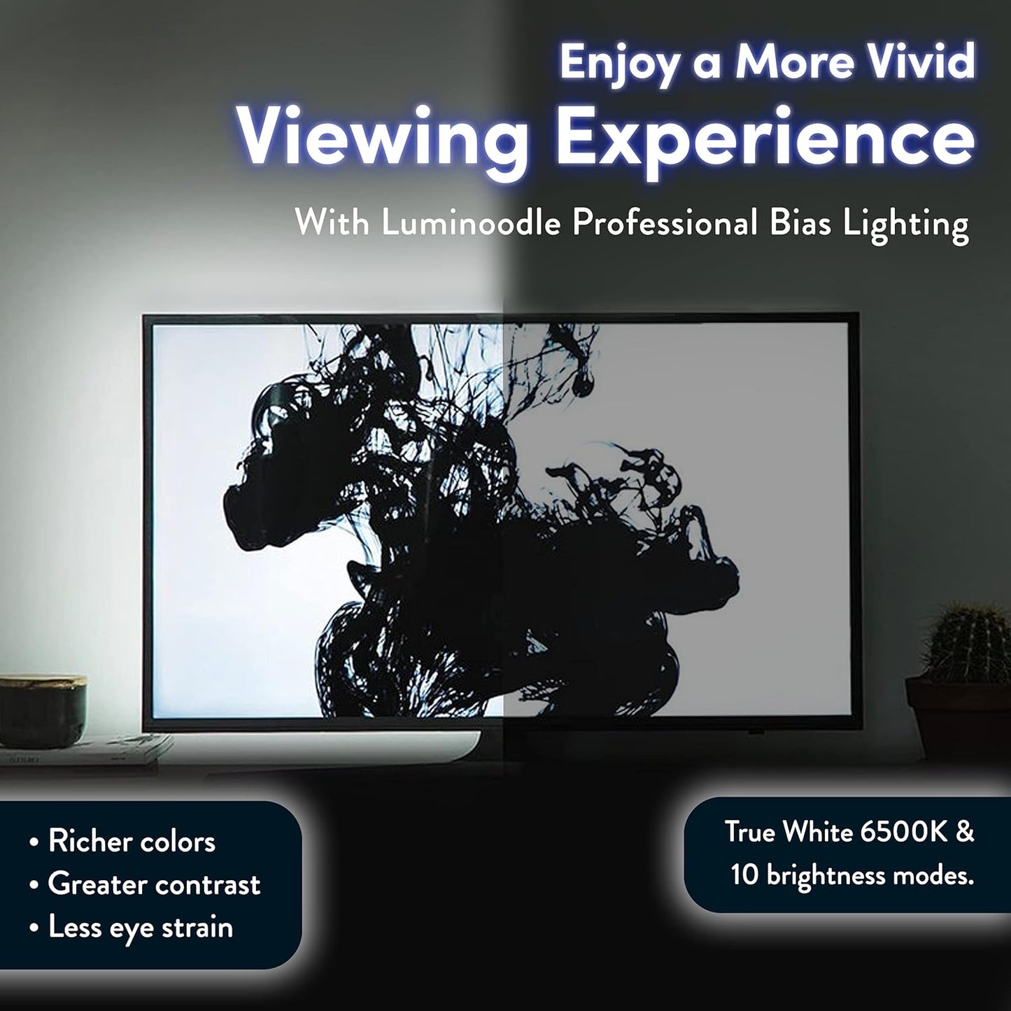 Luminoodle Color Bias Lighting, USB TV and Monitor Backlight LED Strip Lights Kit with Dimmer, Remote - 6.6 ft for 24" to 60" TV - Medium