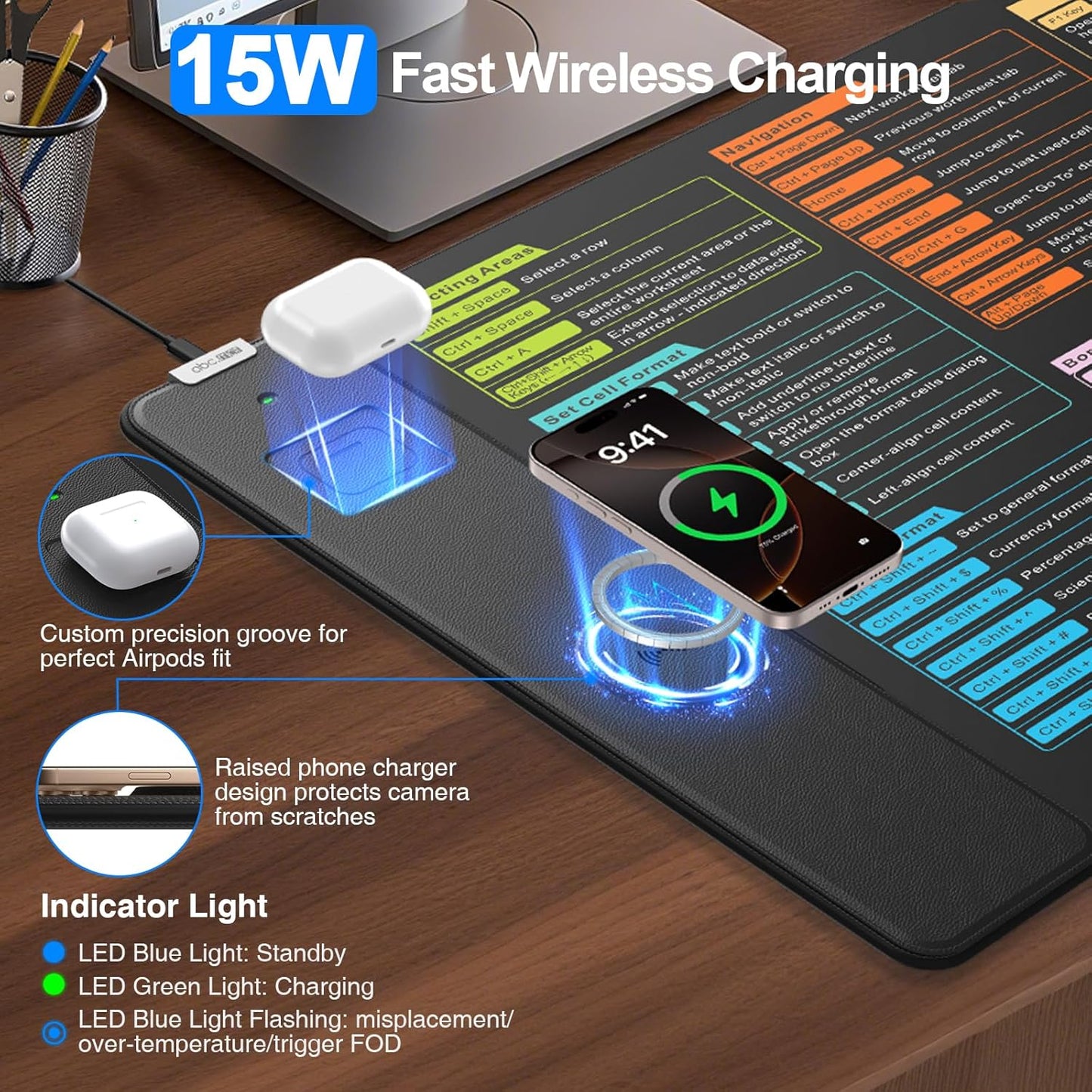 Wireless Charging Mouse Pad with Foldable Phone Holder, 31.5"x15.8" Large Desk Mat for Laptop/Keyboard, Waterproof Ultra-Smooth Surface, Non-Slip Base, Black