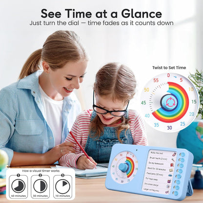 2-in-1 Visual Timer with Task Board for ADHD & Autism, Dry Erase Chore Chart and Visual Schedule for Kids & Adults, Rainbow Countdown Timer for Classroom, Home, Homeschool (White)