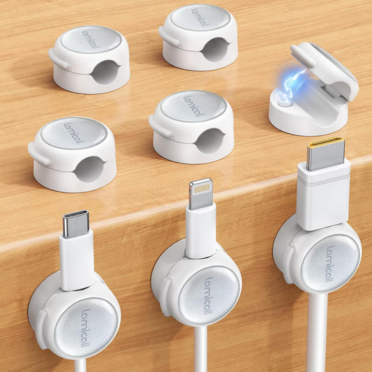 Lamicall 8 Pack Magnetic Cable Clips Cord Organizer - [Crystal-Clear & Silver Shine] Aesthetic Strong Adhesive Phone Charger Cable Management Clips for Nightstand, Home Office Desk Desktop Accessories