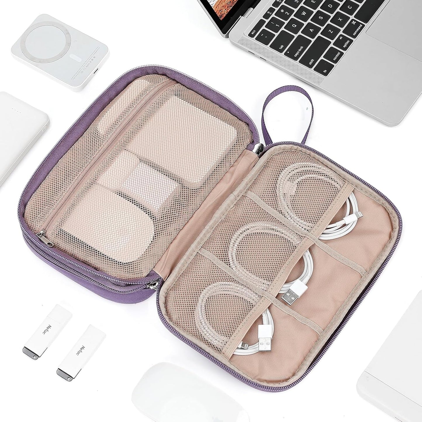 NISHEL Travel Cord Organizer Case, Double Layers Tech Electronic Bag, Essentials for Charger, Cable, Phone, Flash drive, Medium, Pink