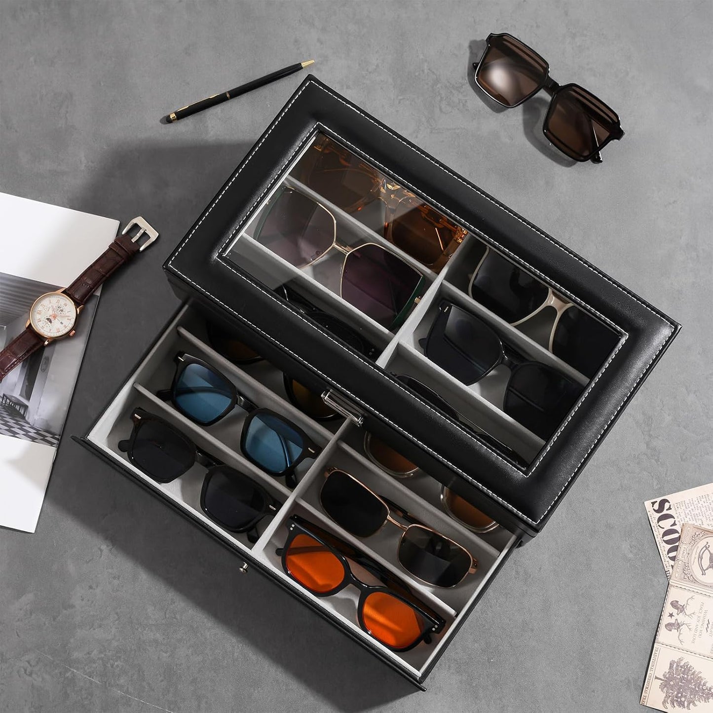 ProCase 3-layer Sunglasses Storage Organizer, 18 Slots Leather Sunglass Box Multiple Pairs Eyeglass Cases Eye Glass Eyewear Display Holder for Men Women, Valentine's Day Gift -Black