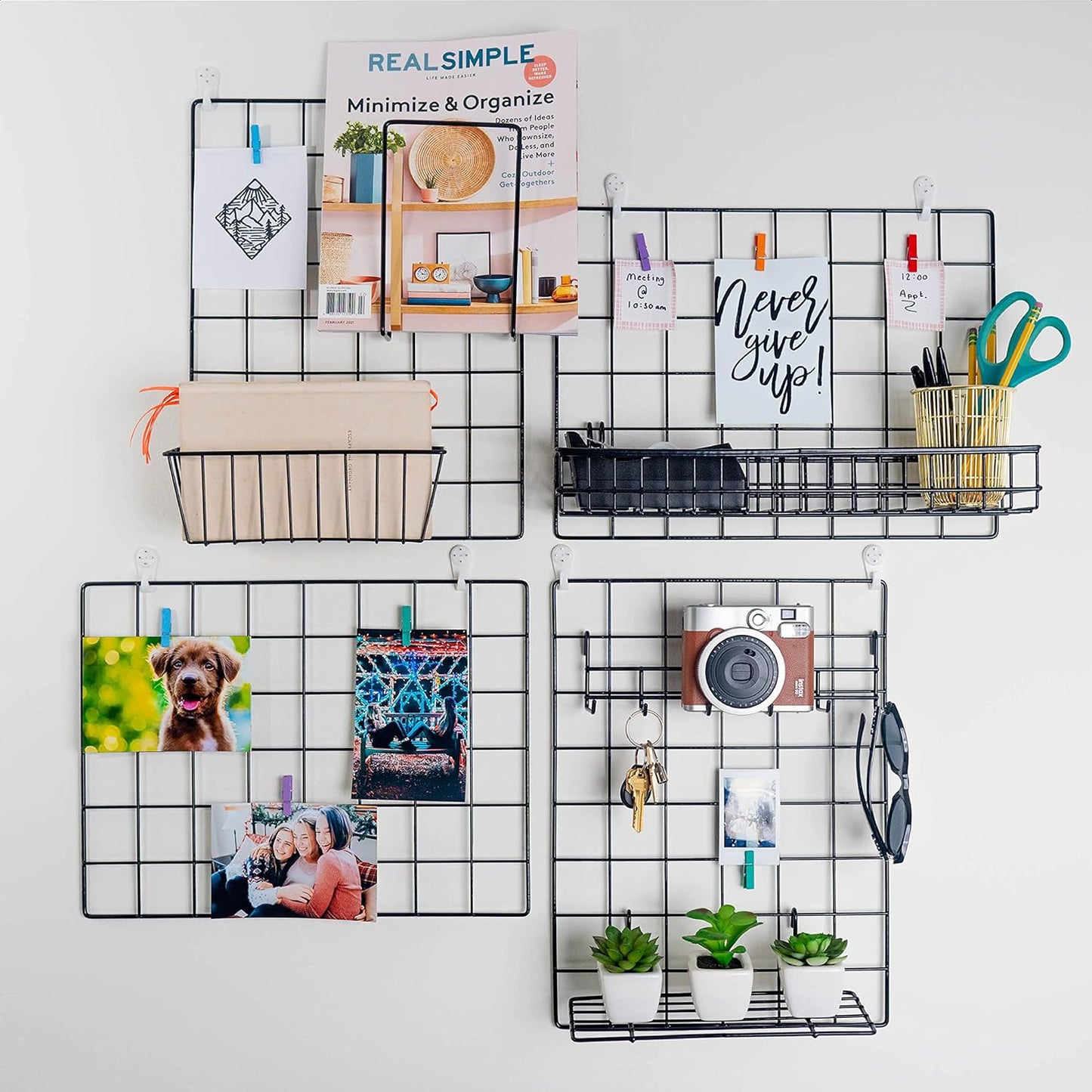 2 Pack Wire Wall Grid Panel With Accessories | Includes Hanging Basket, Shelf & Hook Rack | Photo Grid Wall Panels | Hanging Home, Office & Kitchen Décor | Metal & Black