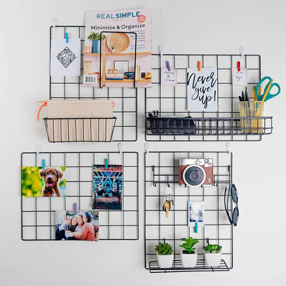 2 Pack Wire Wall Grid Panel With Accessories | Includes Hanging Basket, Shelf & Hook Rack | Photo Grid Wall Panels | Hanging Home, Office & Kitchen Décor | Metal & Black
