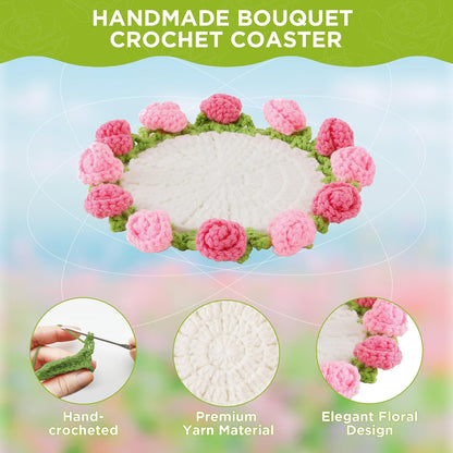 Flower Crochet Coasters, Handmade Bouquet Blanket Coaster with Crochet Plant Pot Fun Soft Decorative Drink Coasters for Coffee Tabletop Protection and Home Decor (Pink, 1Pc)