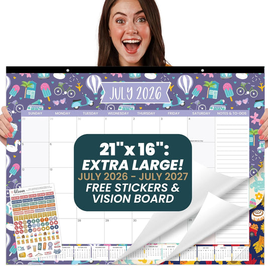 bloom daily planners Desk Calendar 2026-2027 - Academic Year Large Wall Calendar (July 2026 - July 2027) - 21” x 16” Desktop & Hanging Monthly Planner with Stickers for Home or Office - Seasonal