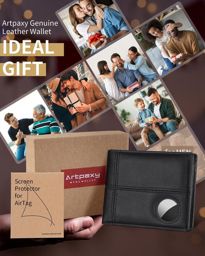 Mens Wallet With AirTag Holder, Bifold Leather RFID Blocking 1-2 ID Windows 12-13 Card Holders, Gift Box and Screen Protector Included, AirTag Not Included